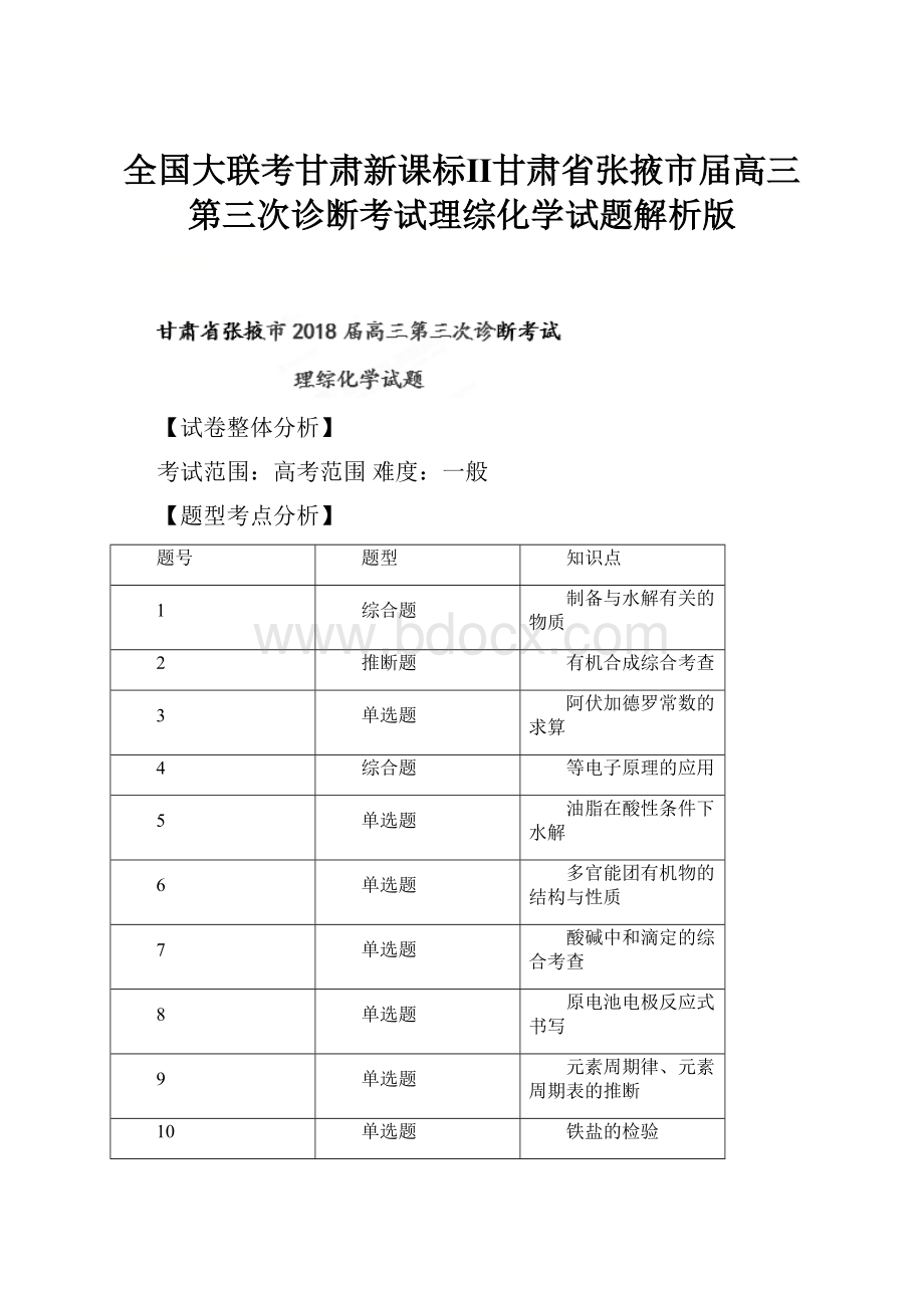 全国大联考甘肃新课标Ⅱ甘肃省张掖市届高三第三次诊断考试理综化学试题解析版.docx