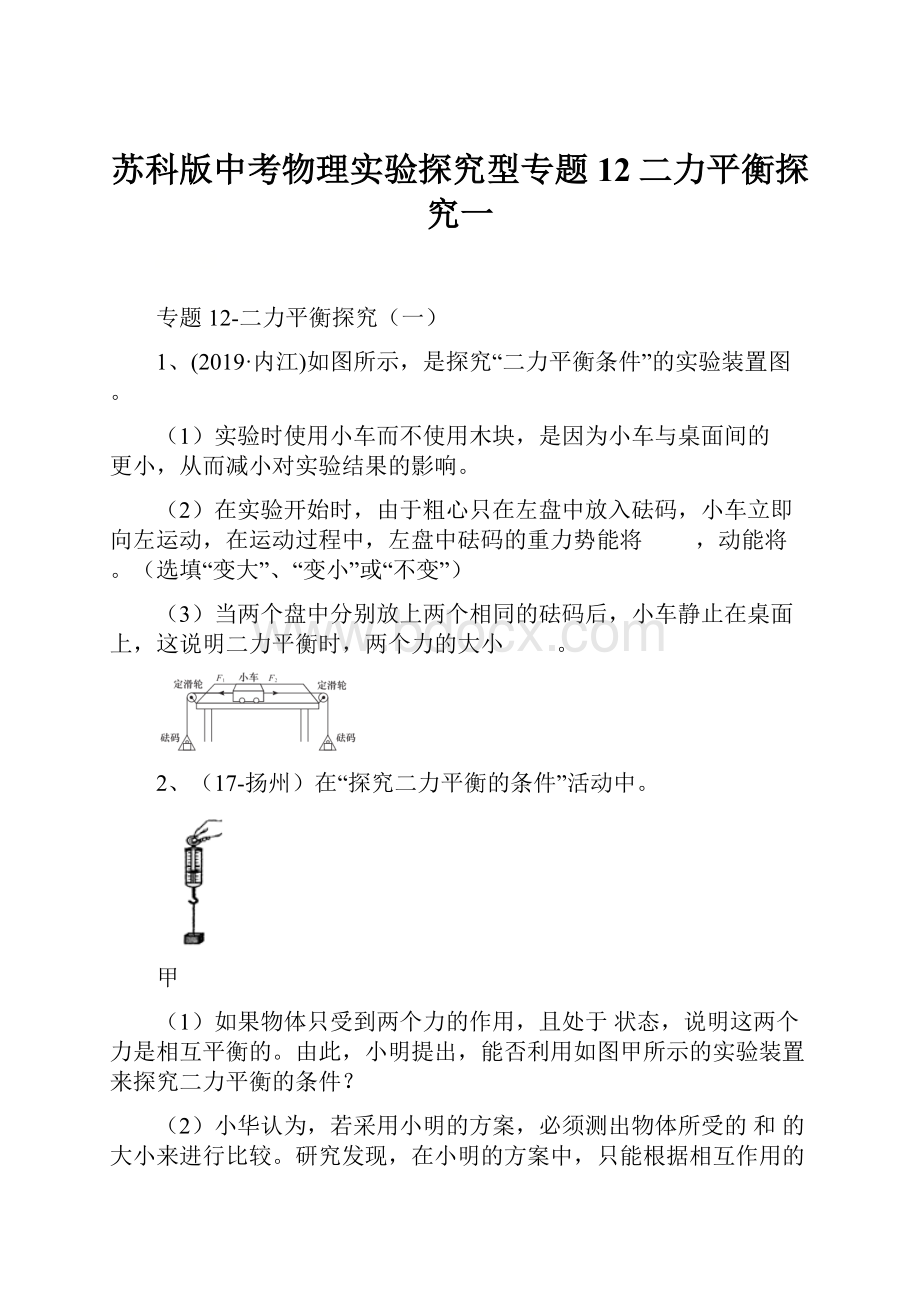 苏科版中考物理实验探究型专题12二力平衡探究一.docx_第1页