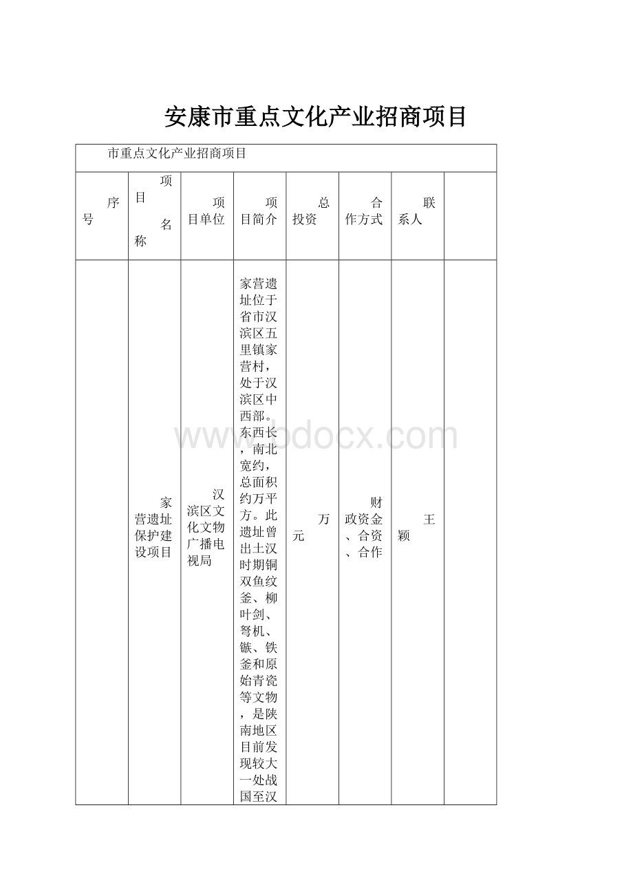 安康市重点文化产业招商项目.docx