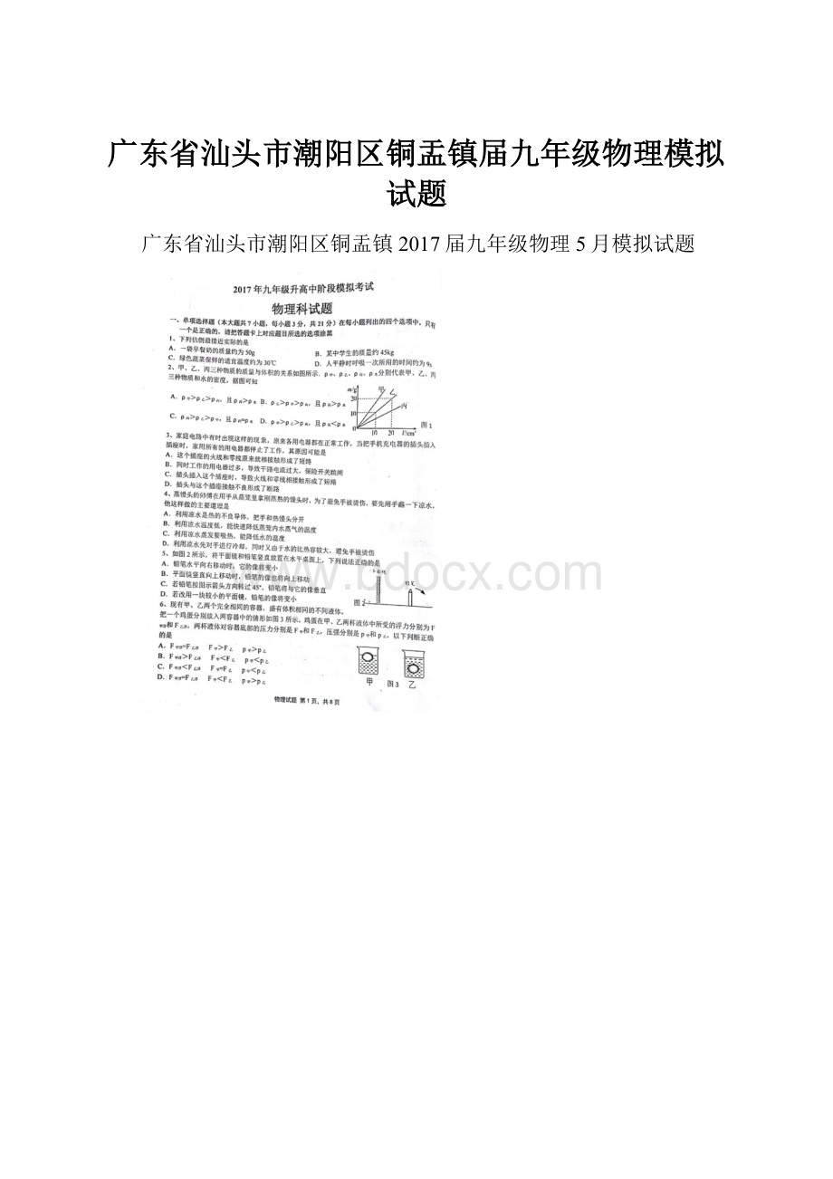 广东省汕头市潮阳区铜盂镇届九年级物理模拟试题.docx