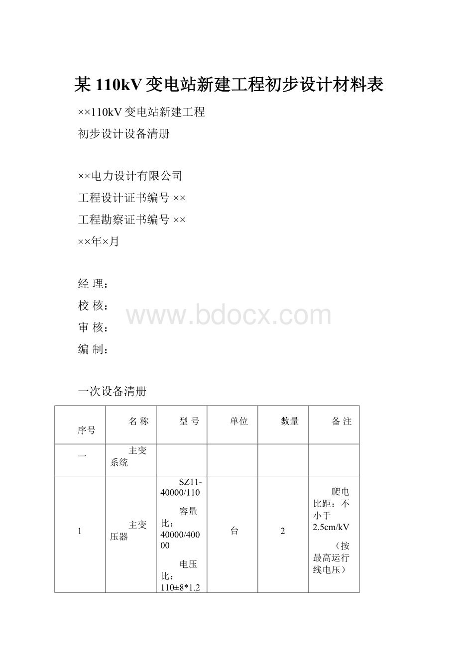 某110kV变电站新建工程初步设计材料表.docx