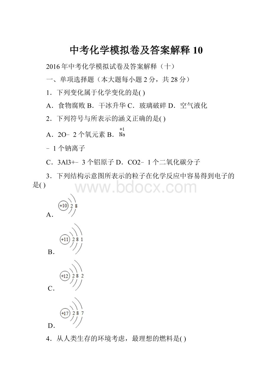 中考化学模拟卷及答案解释10.docx