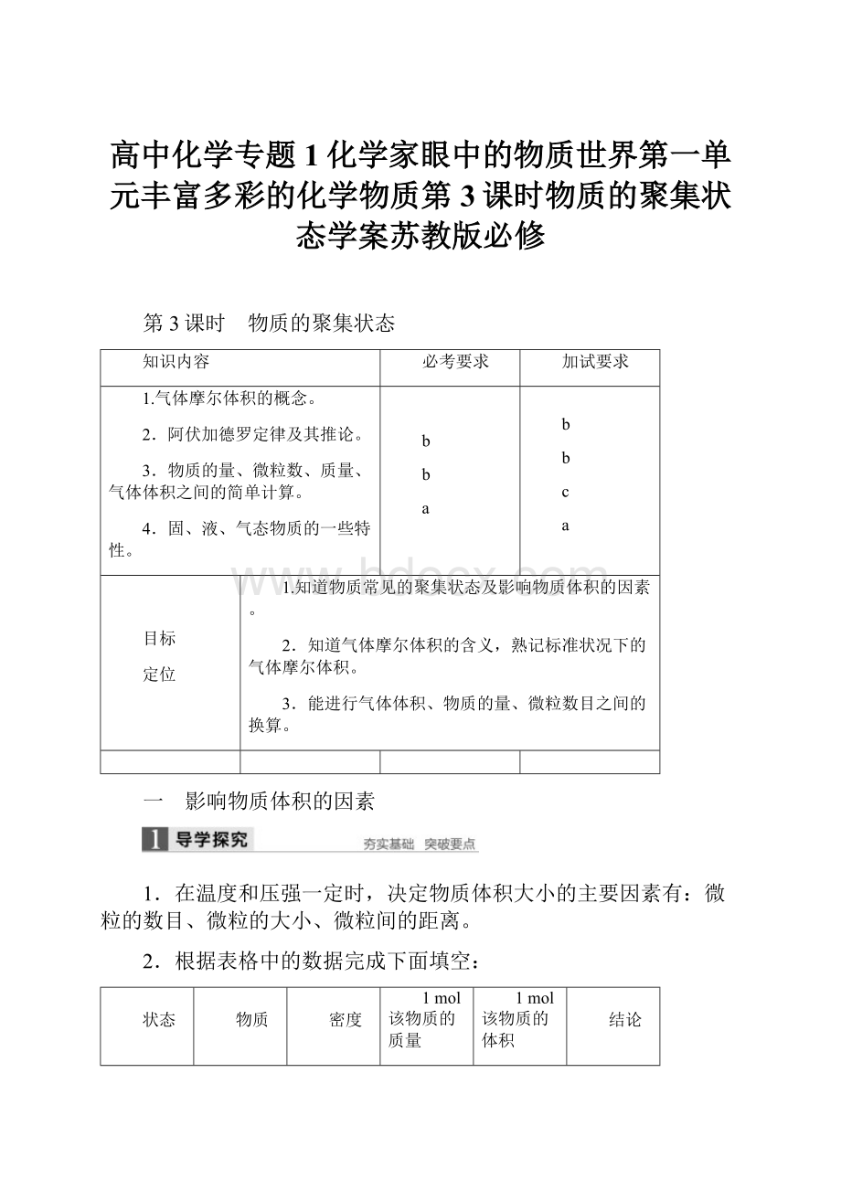 高中化学专题1化学家眼中的物质世界第一单元丰富多彩的化学物质第3课时物质的聚集状态学案苏教版必修.docx