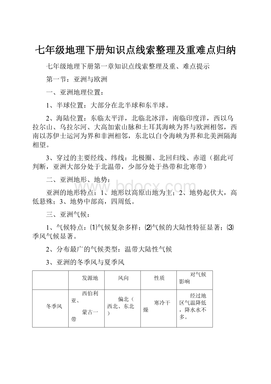 七年级地理下册知识点线索整理及重难点归纳.docx