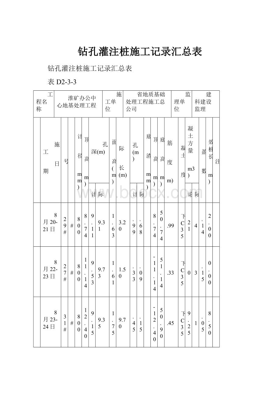 钻孔灌注桩施工记录汇总表.docx