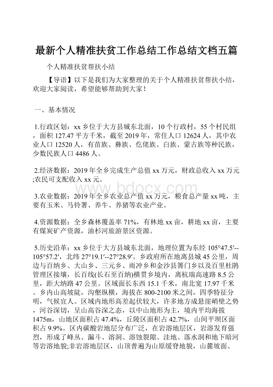 最新个人精准扶贫工作总结工作总结文档五篇.docx_第1页