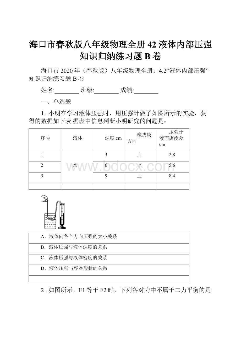 海口市春秋版八年级物理全册42液体内部压强知识归纳练习题B卷.docx