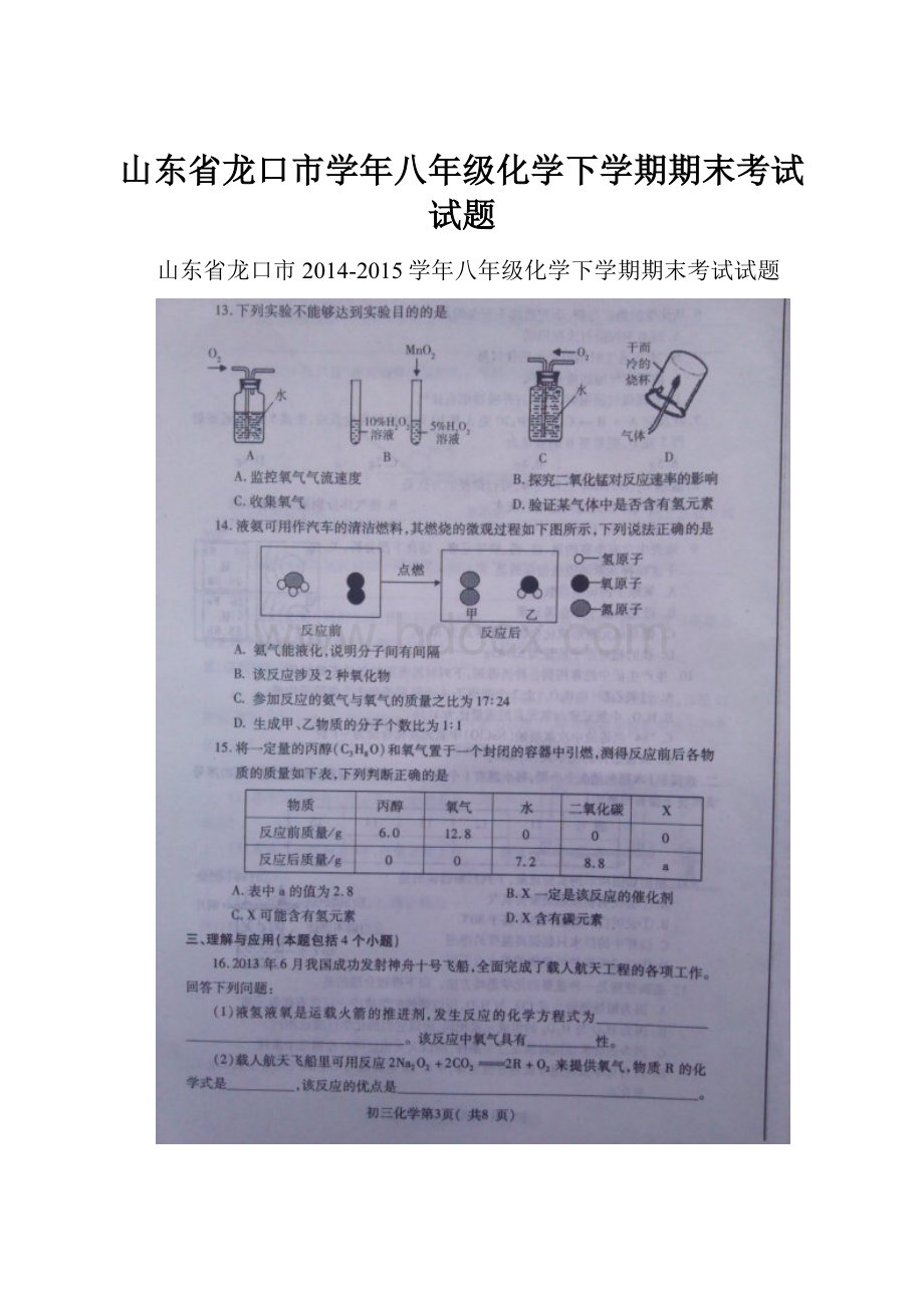 山东省龙口市学年八年级化学下学期期末考试试题.docx