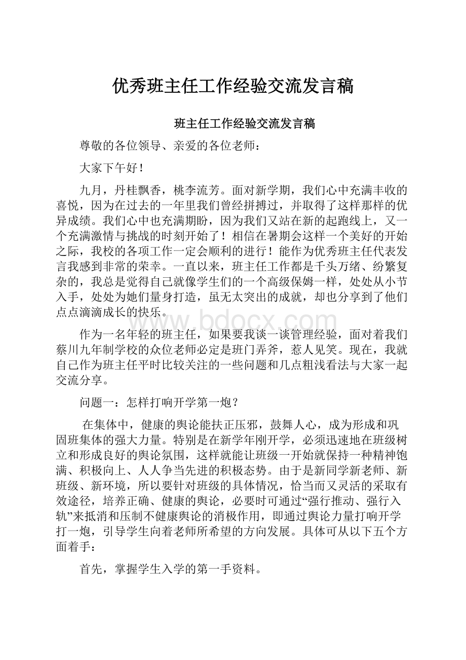 优秀班主任工作经验交流发言稿.docx