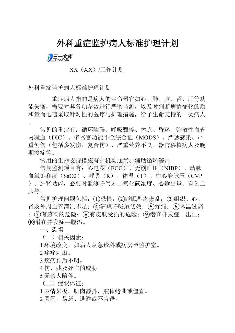 外科重症监护病人标准护理计划.docx