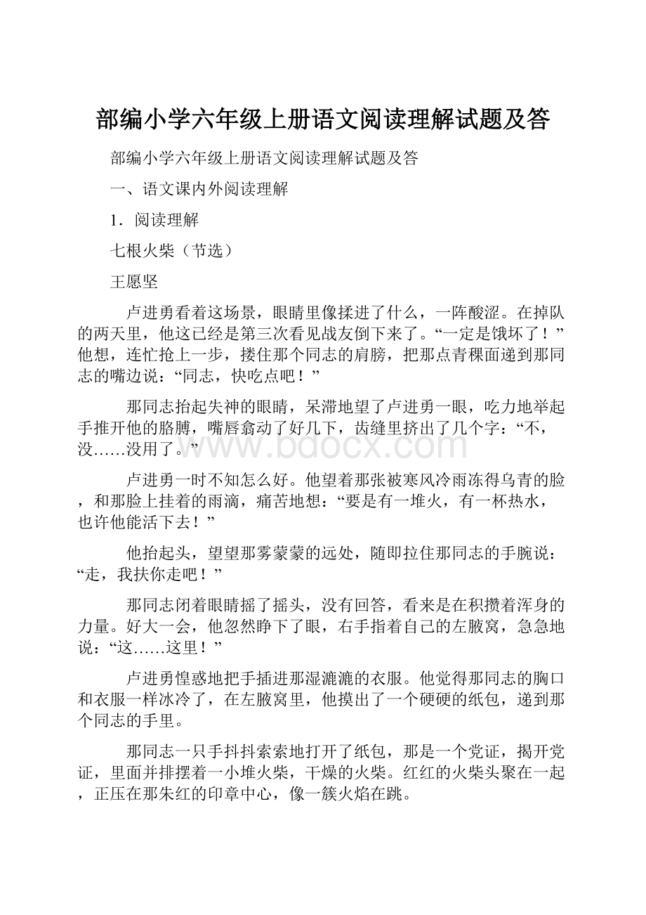 部编小学六年级上册语文阅读理解试题及答.docx