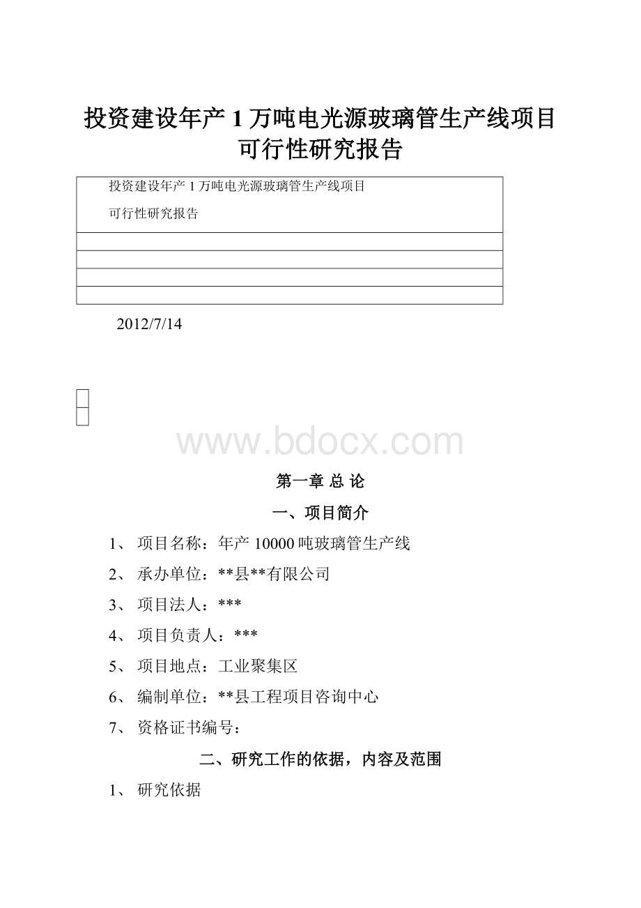 投资建设年产1万吨电光源玻璃管生产线项目可行性研究报告.docx