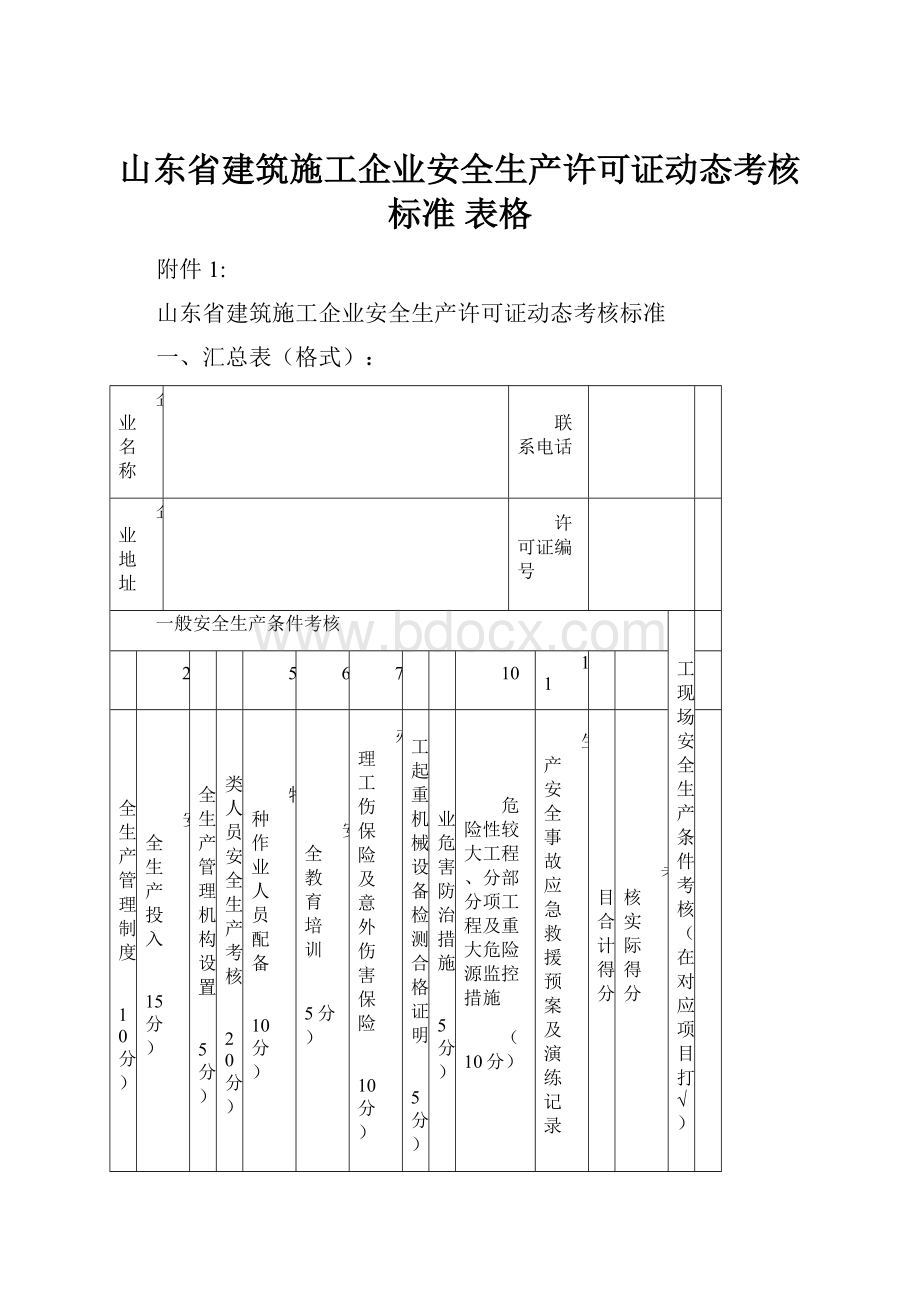 山东省建筑施工企业安全生产许可证动态考核标准 表格.docx