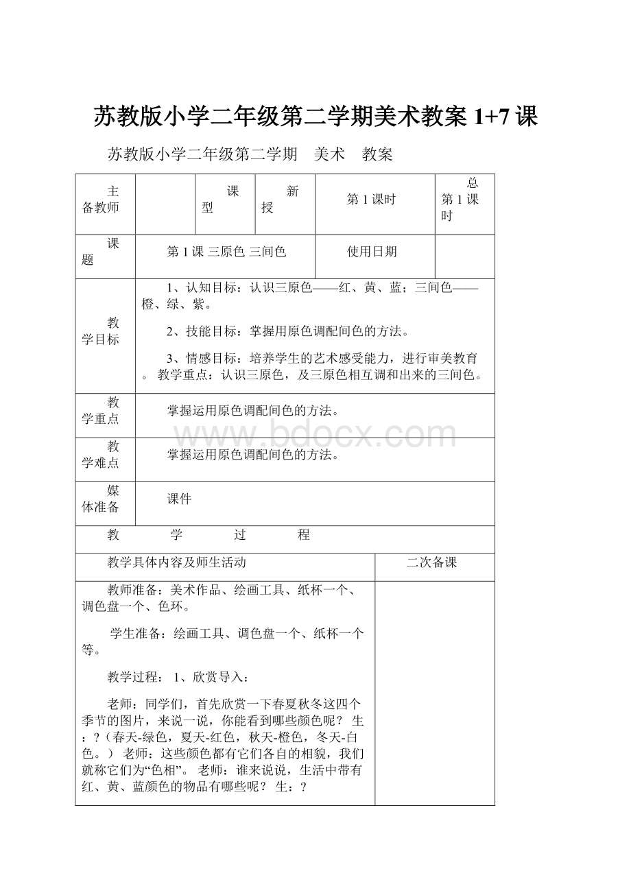 苏教版小学二年级第二学期美术教案1+7课.docx