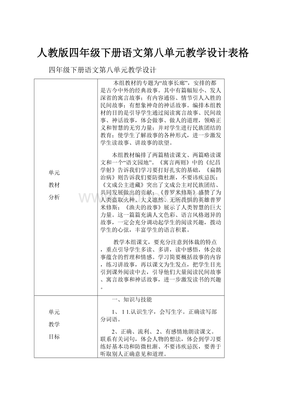 人教版四年级下册语文第八单元教学设计表格.docx