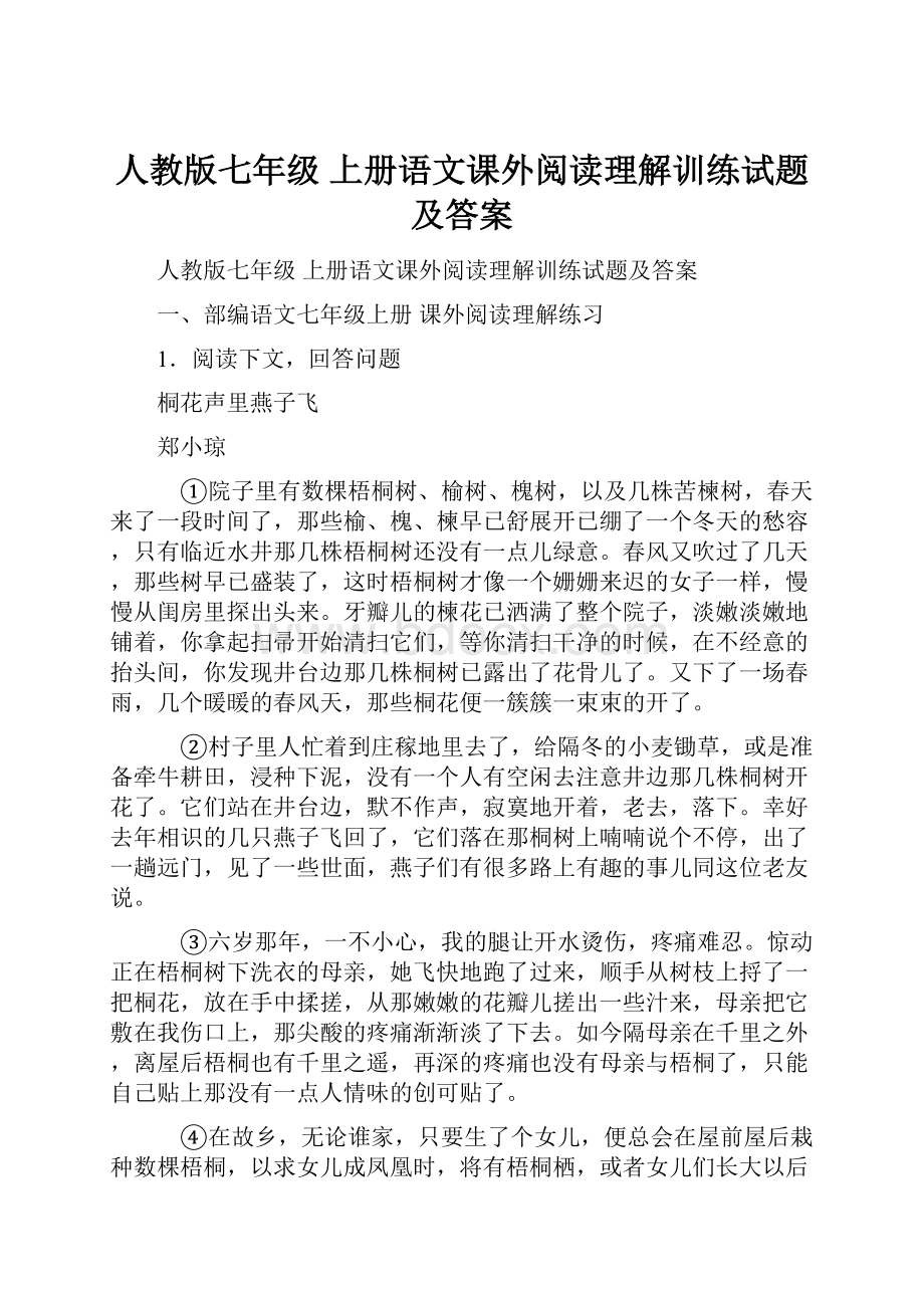 人教版七年级 上册语文课外阅读理解训练试题及答案.docx