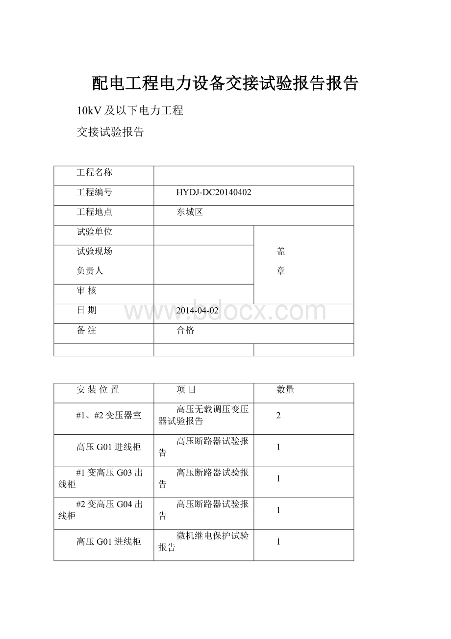 配电工程电力设备交接试验报告报告.docx_第1页