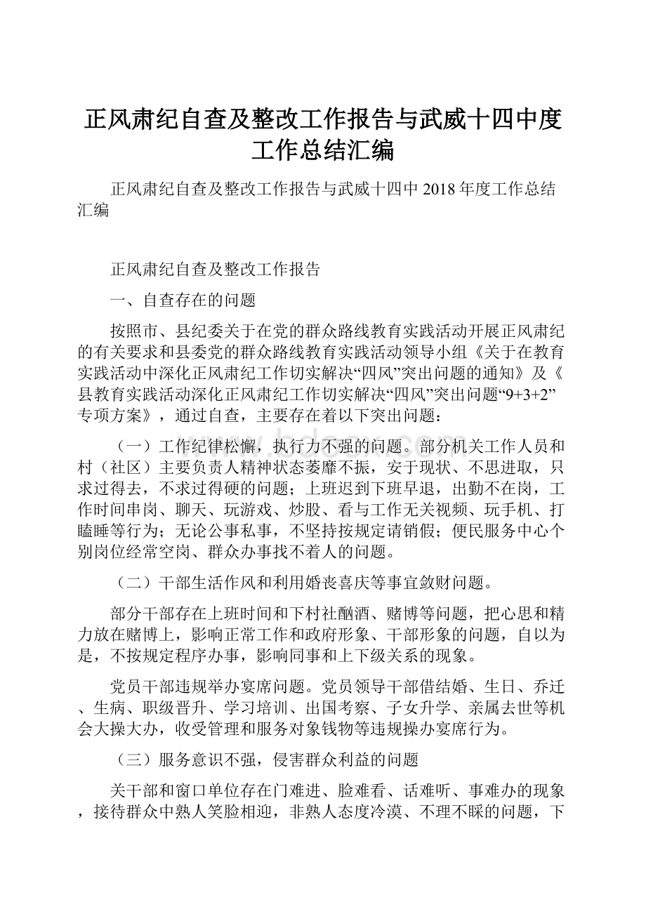 正风肃纪自查及整改工作报告与武威十四中度工作总结汇编.docx_第1页