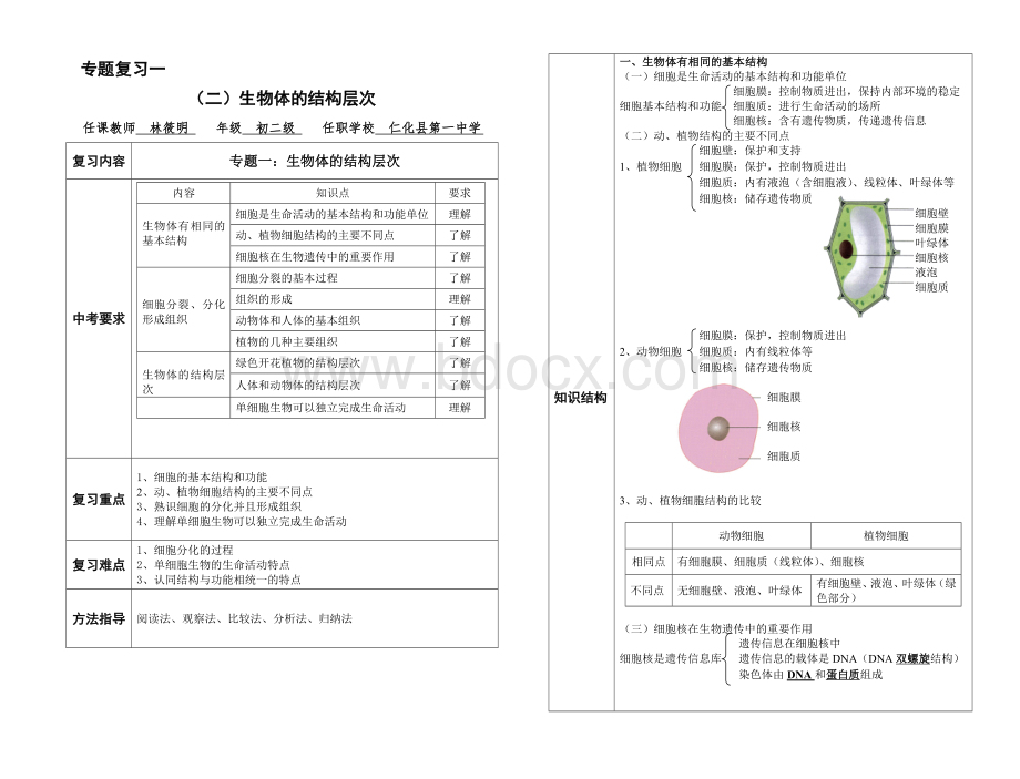 专题复习一--生物体的结构层次(学教案)8开.doc