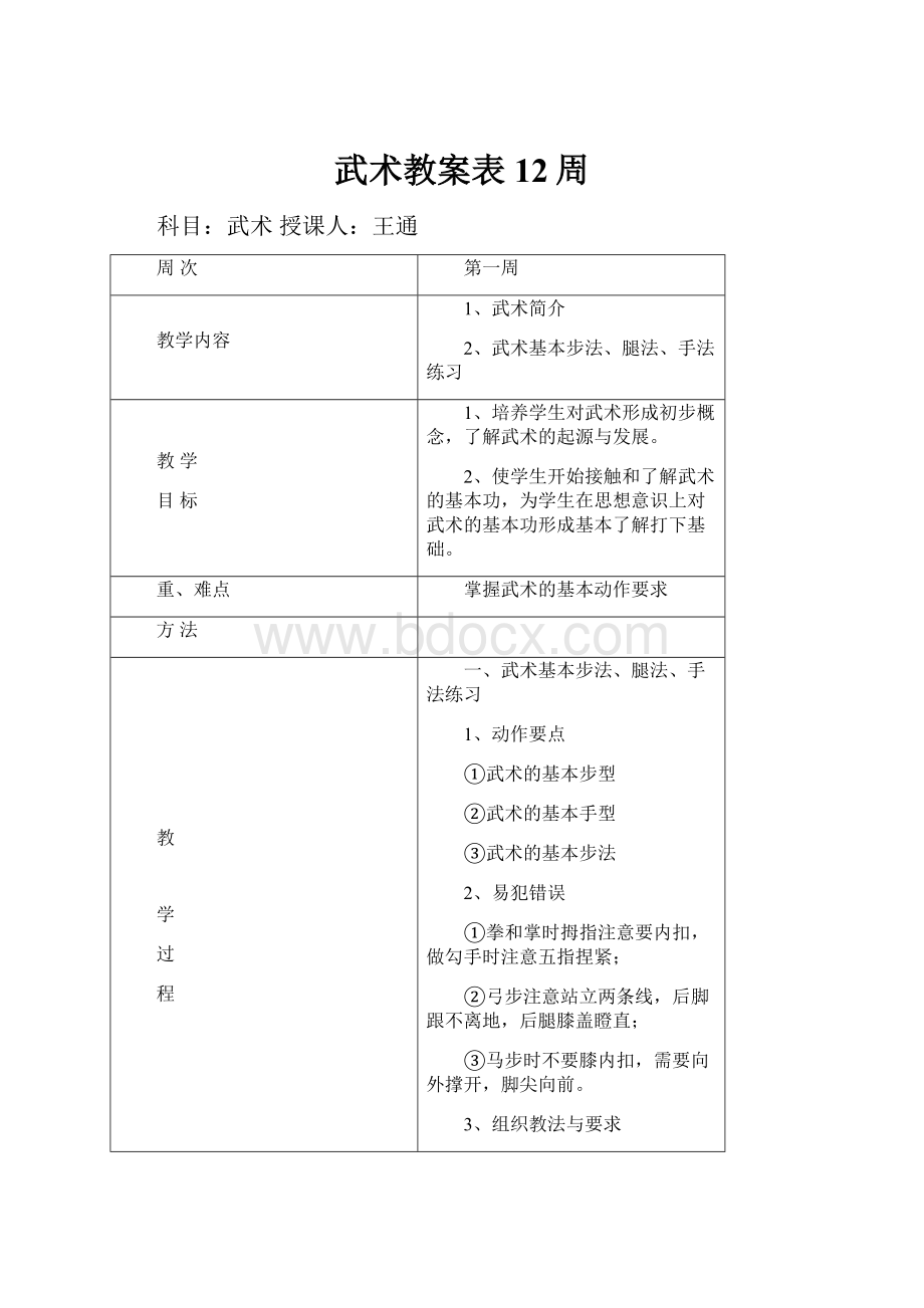 武术教案表12周.docx_第1页