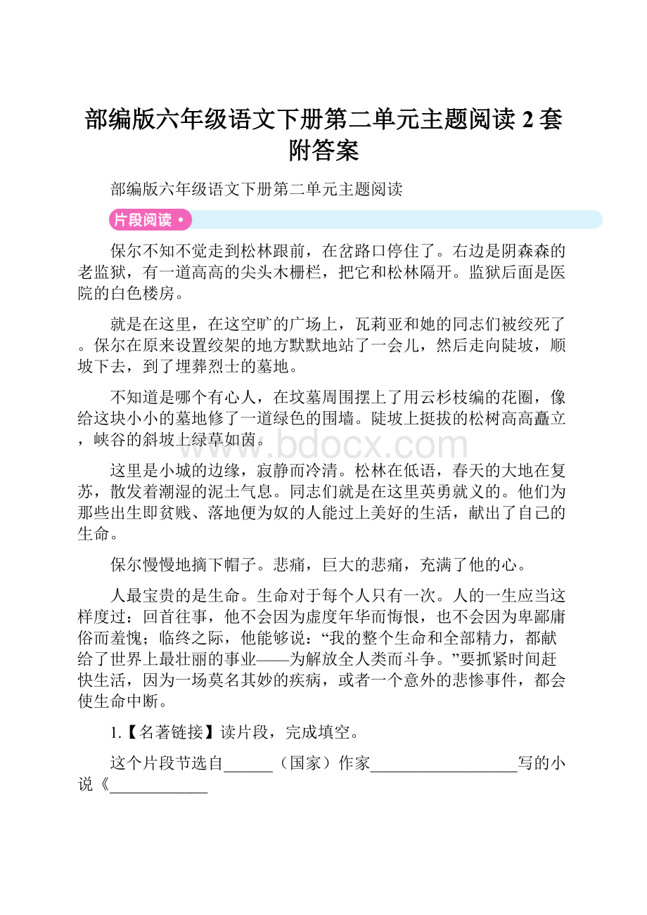 部编版六年级语文下册第二单元主题阅读2套附答案.docx