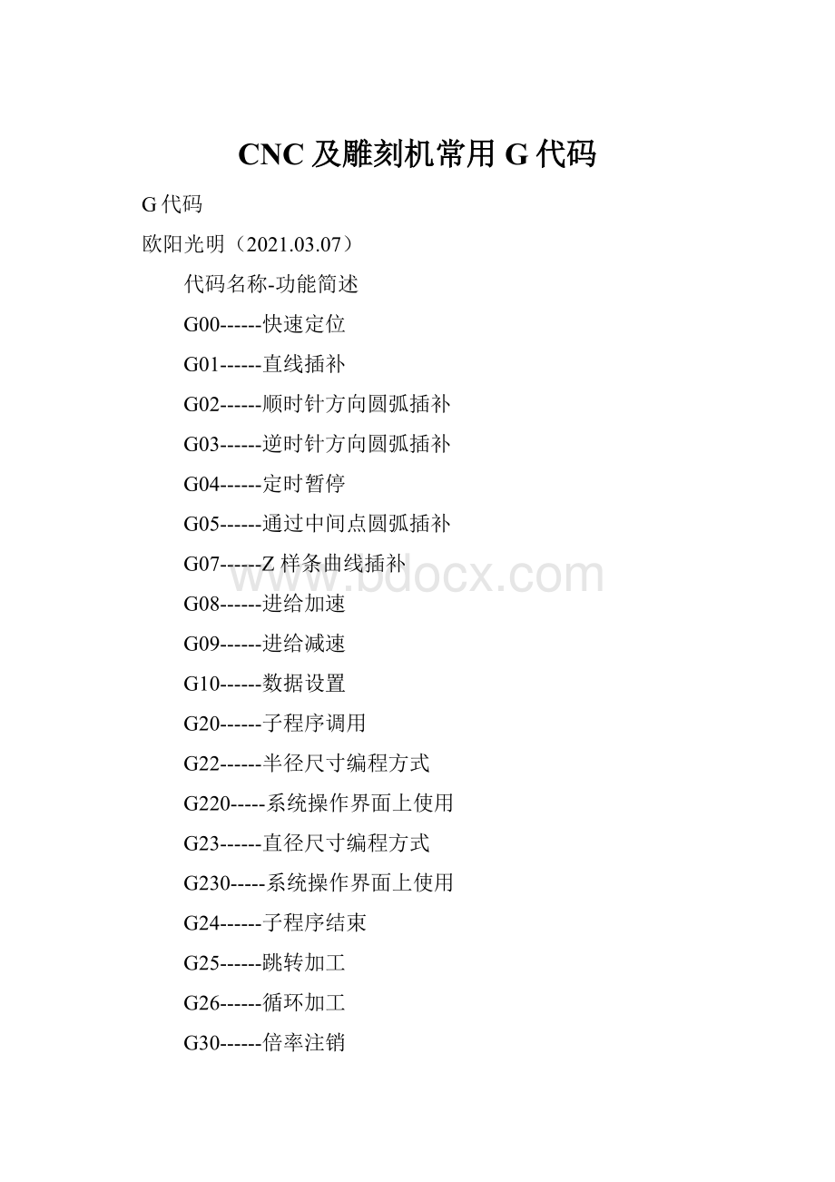 CNC及雕刻机常用G代码.docx_第1页