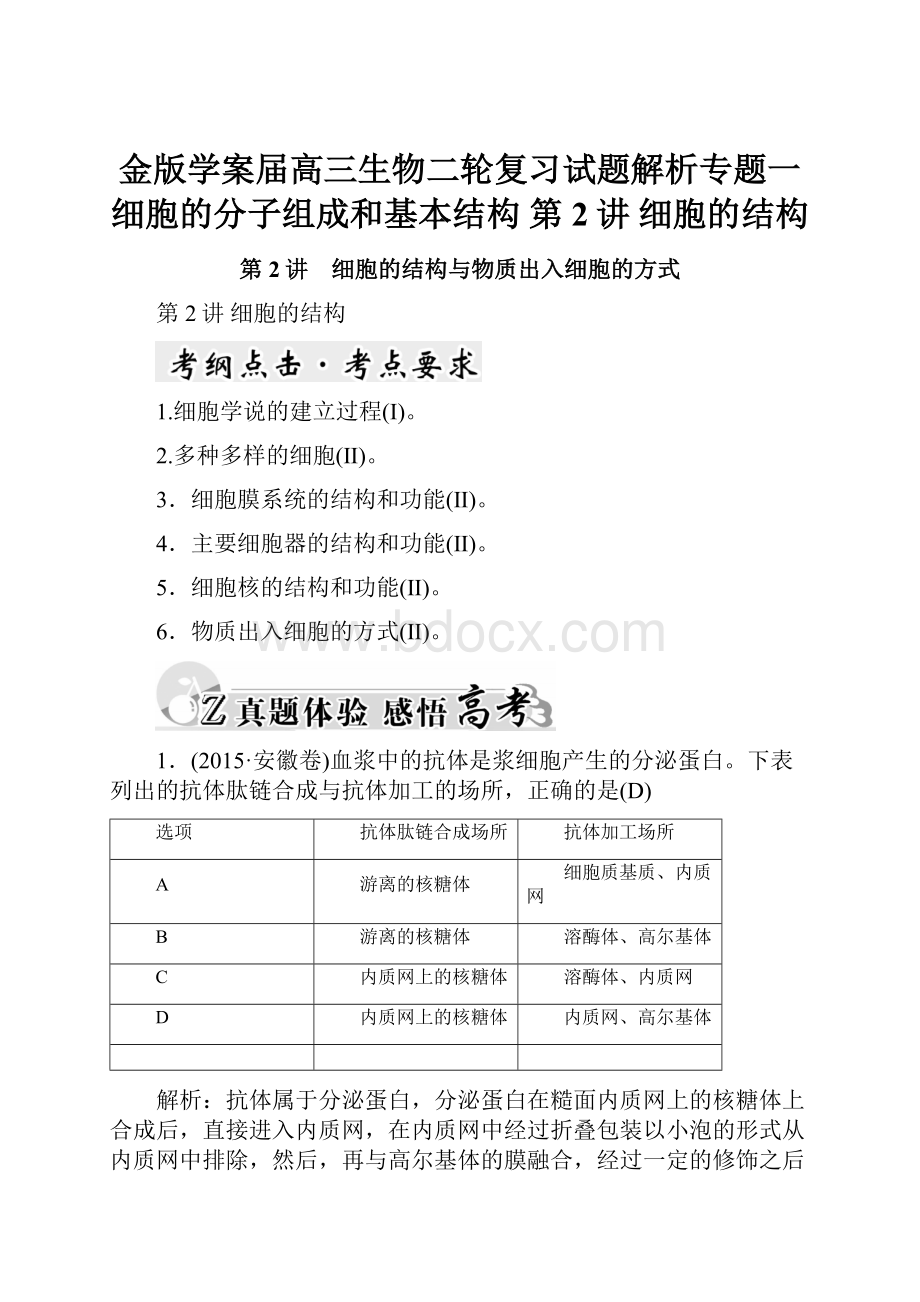 金版学案届高三生物二轮复习试题解析专题一 细胞的分子组成和基本结构 第2讲 细胞的结构.docx_第1页