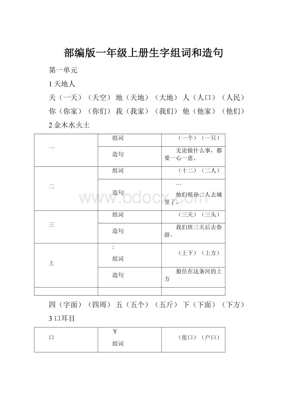 部编版一年级上册生字组词和造句.docx