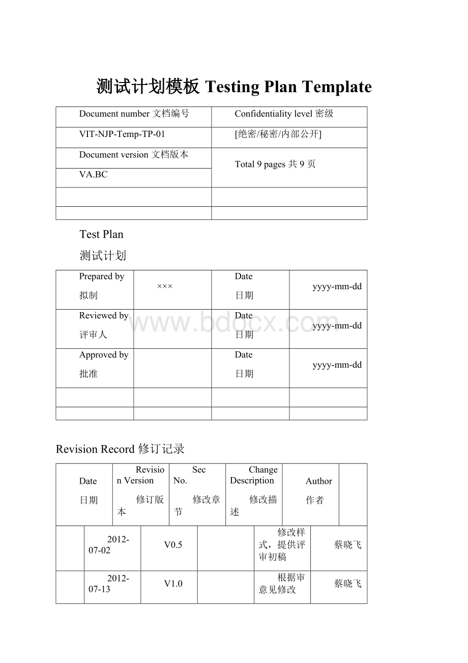 测试计划模板Testing Plan Template.docx_第1页