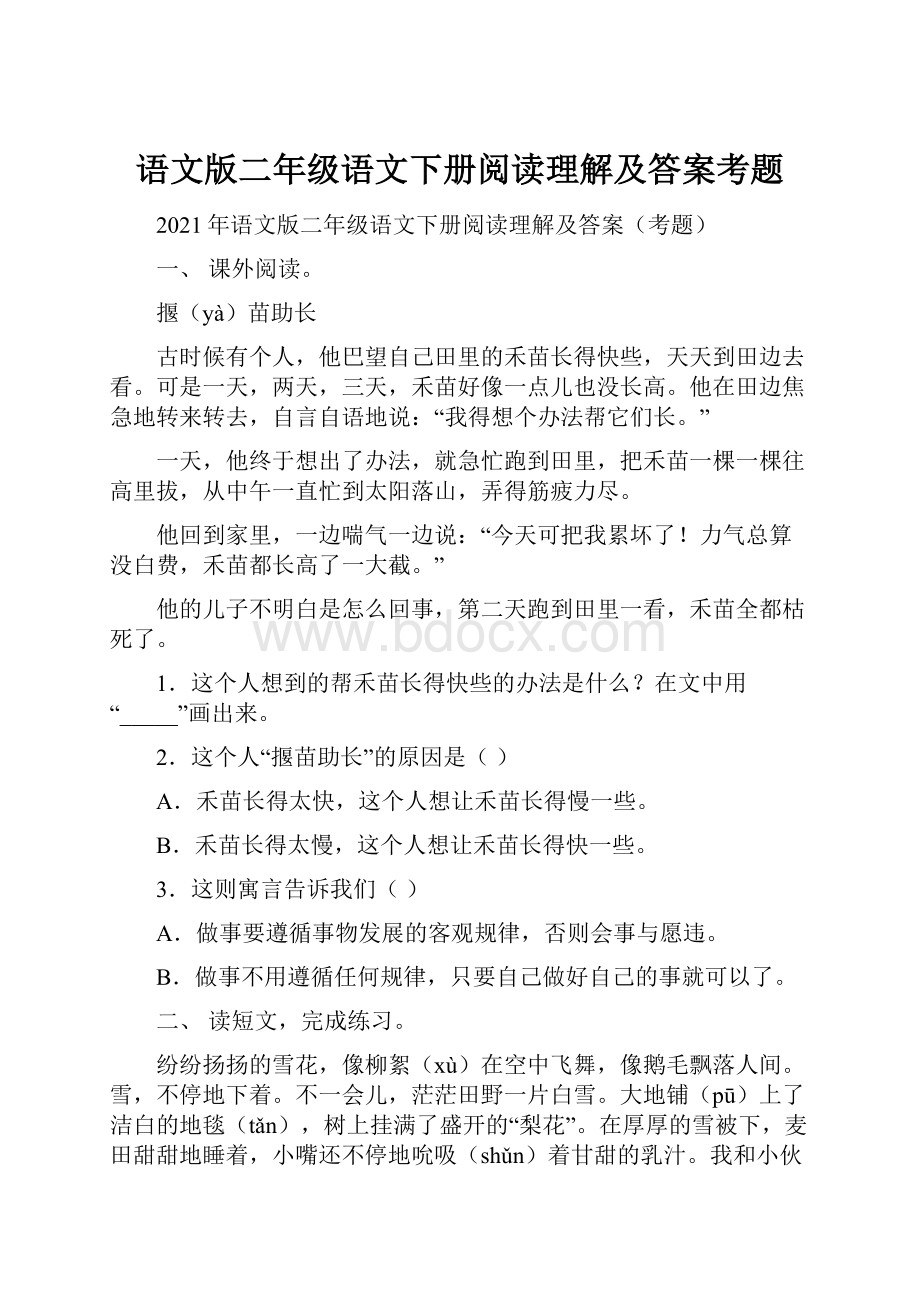 语文版二年级语文下册阅读理解及答案考题.docx