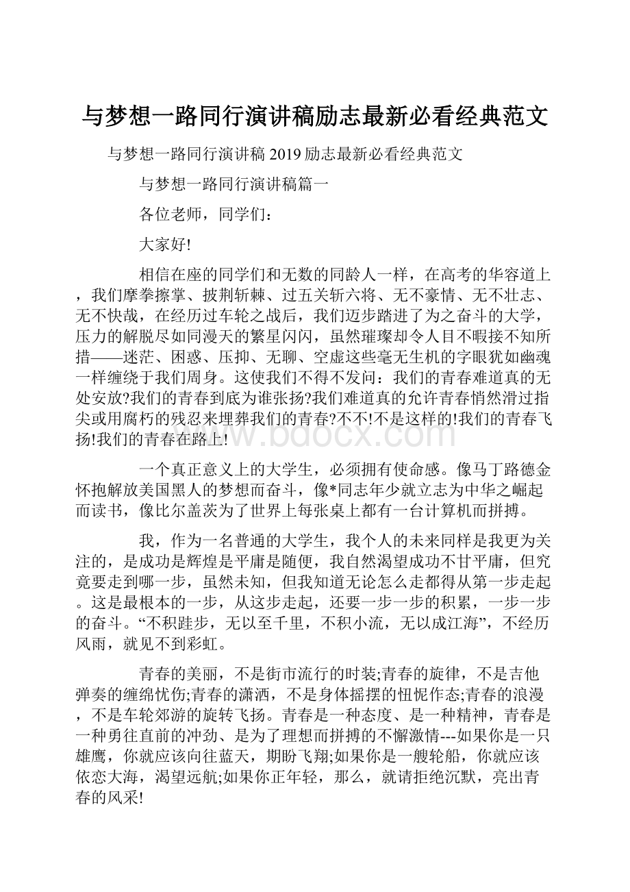 与梦想一路同行演讲稿励志最新必看经典范文.docx