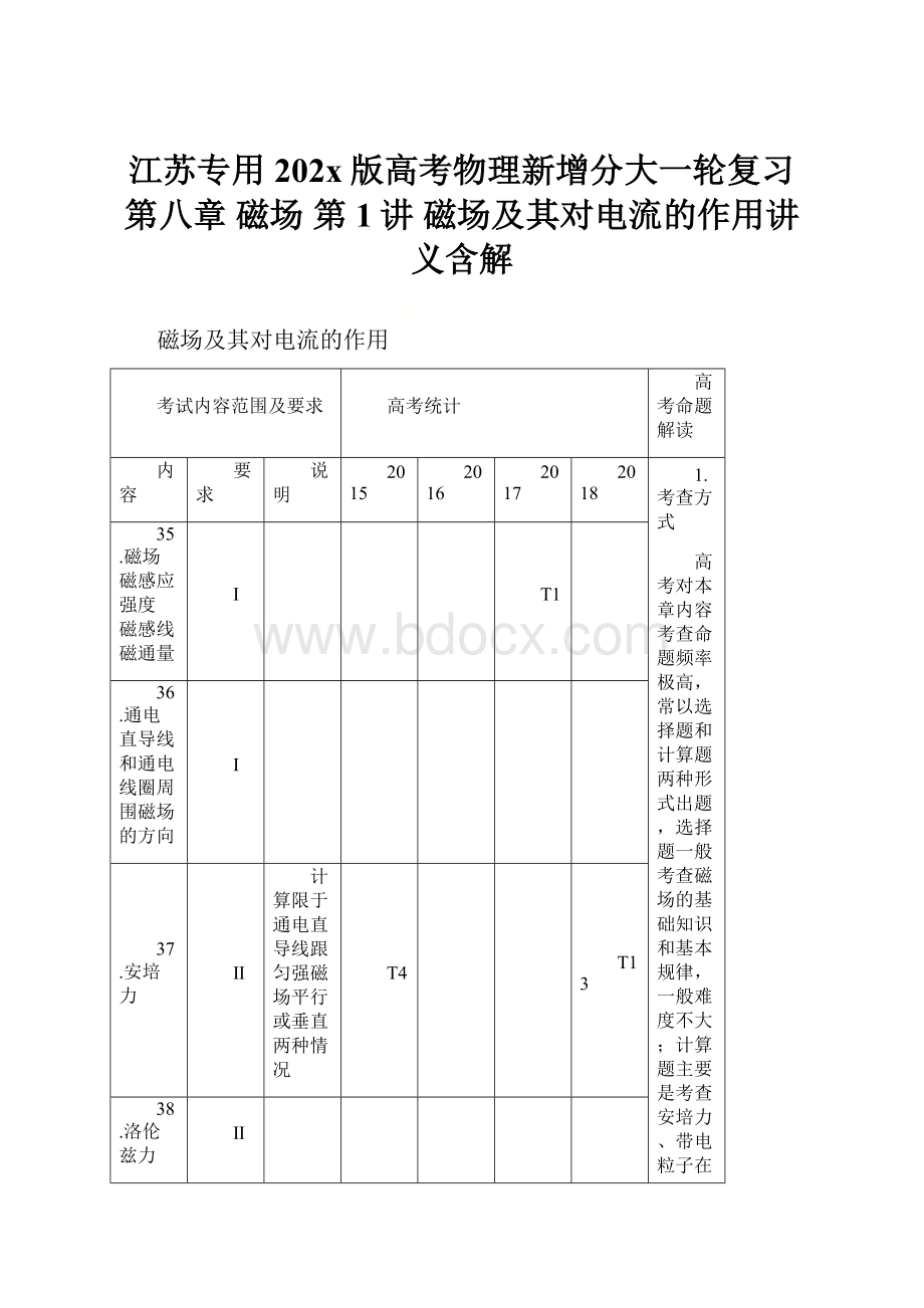 江苏专用202x版高考物理新增分大一轮复习 第八章 磁场 第1讲 磁场及其对电流的作用讲义含解.docx