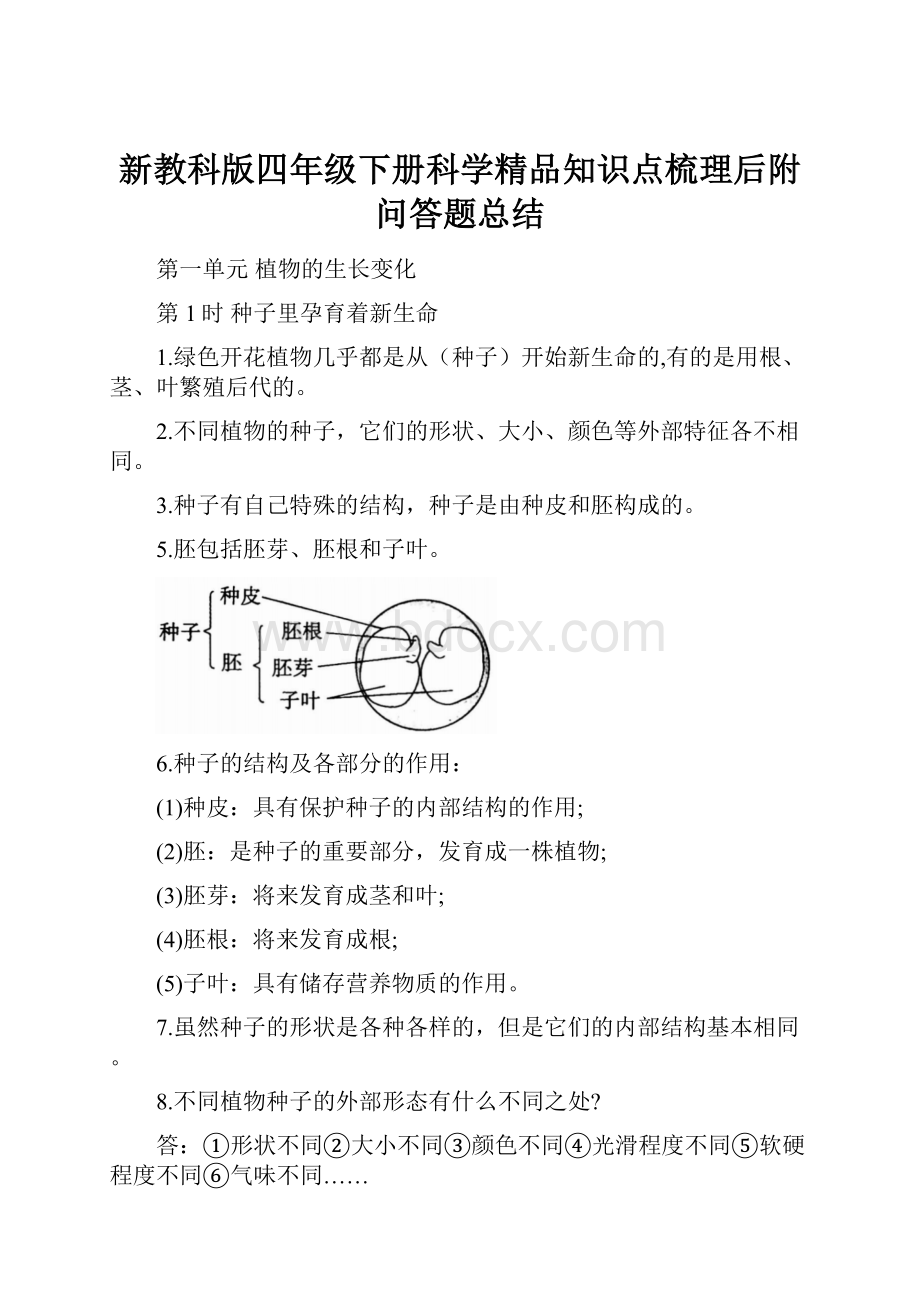 新教科版四年级下册科学精品知识点梳理后附问答题总结.docx