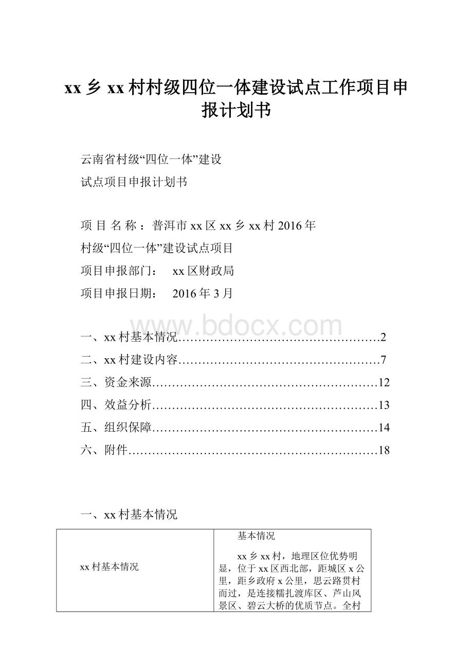 xx乡xx村村级四位一体建设试点工作项目申报计划书.docx