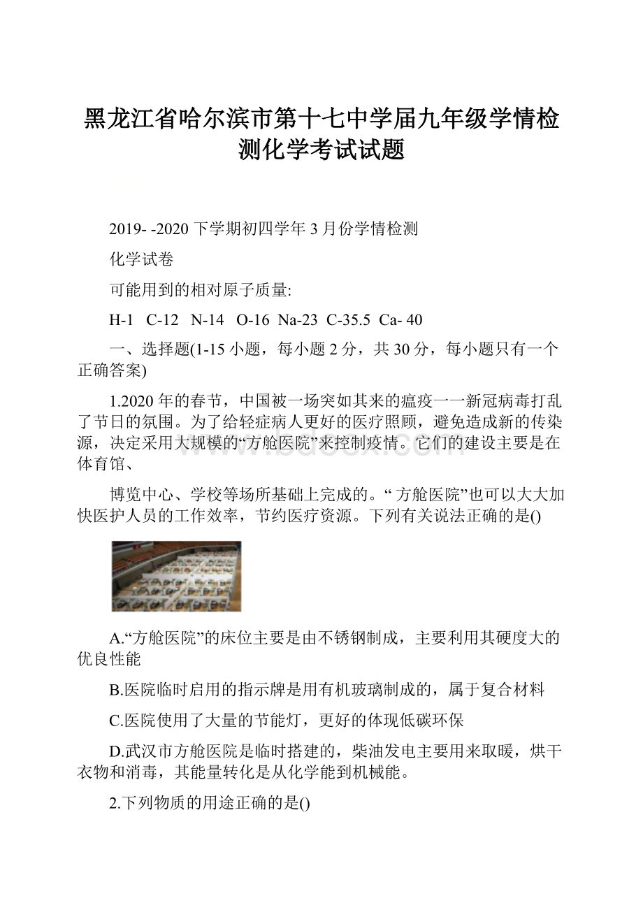 黑龙江省哈尔滨市第十七中学届九年级学情检测化学考试试题.docx_第1页