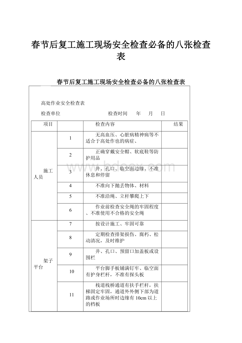 春节后复工施工现场安全检查必备的八张检查表.docx