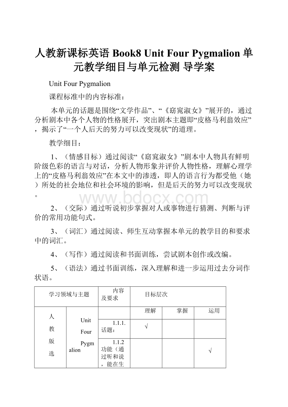 人教新课标英语Book8 Unit Four Pygmalion单元教学细目与单元检测 导学案.docx