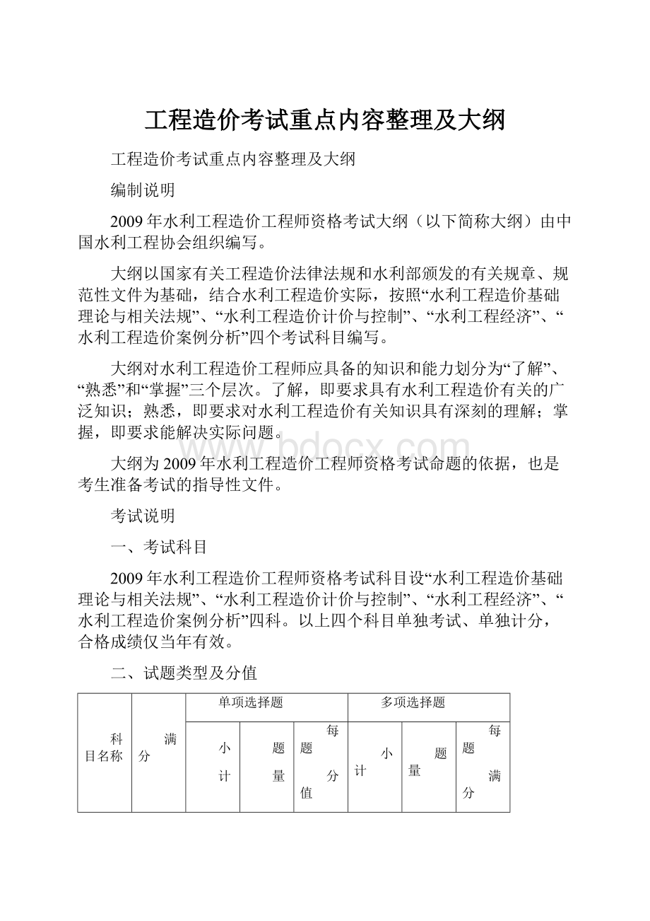 工程造价考试重点内容整理及大纲.docx