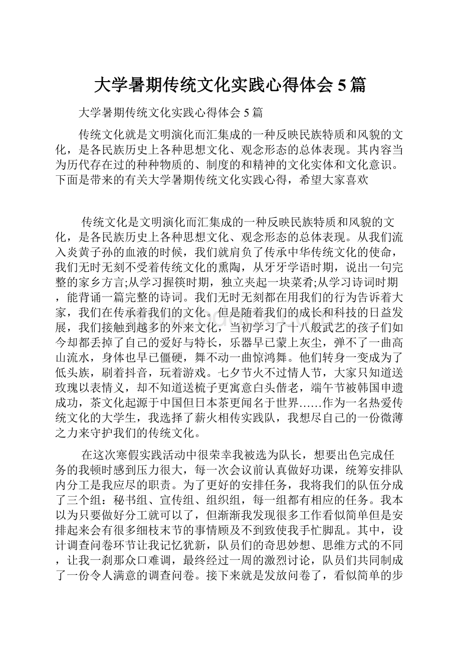 大学暑期传统文化实践心得体会5篇.docx