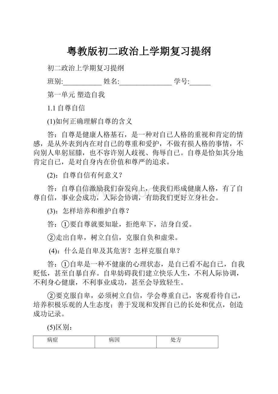 粤教版初二政治上学期复习提纲.docx