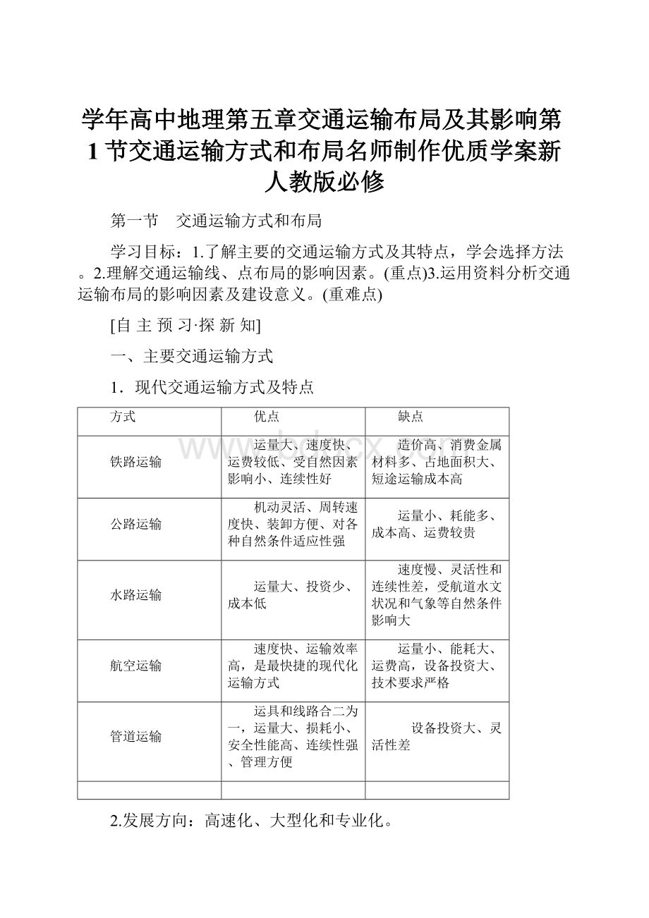 学年高中地理第五章交通运输布局及其影响第1节交通运输方式和布局名师制作优质学案新人教版必修.docx