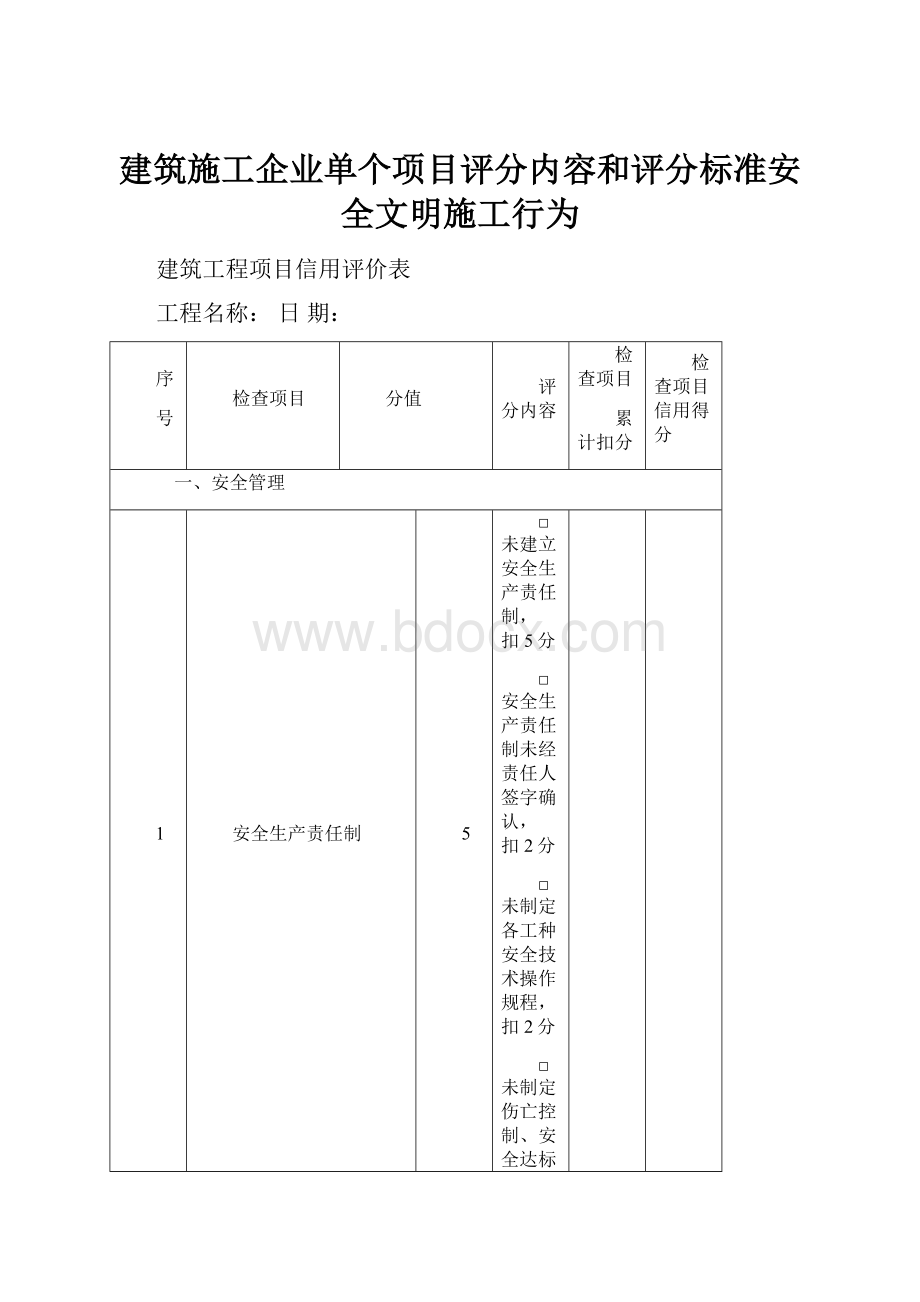 建筑施工企业单个项目评分内容和评分标准安全文明施工行为.docx