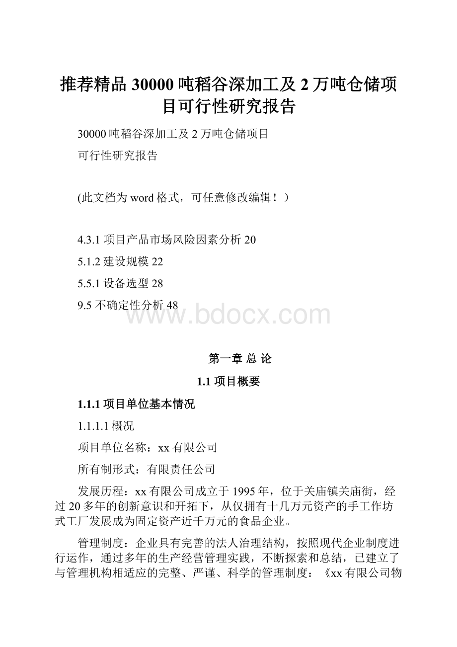 推荐精品30000吨稻谷深加工及2万吨仓储项目可行性研究报告.docx