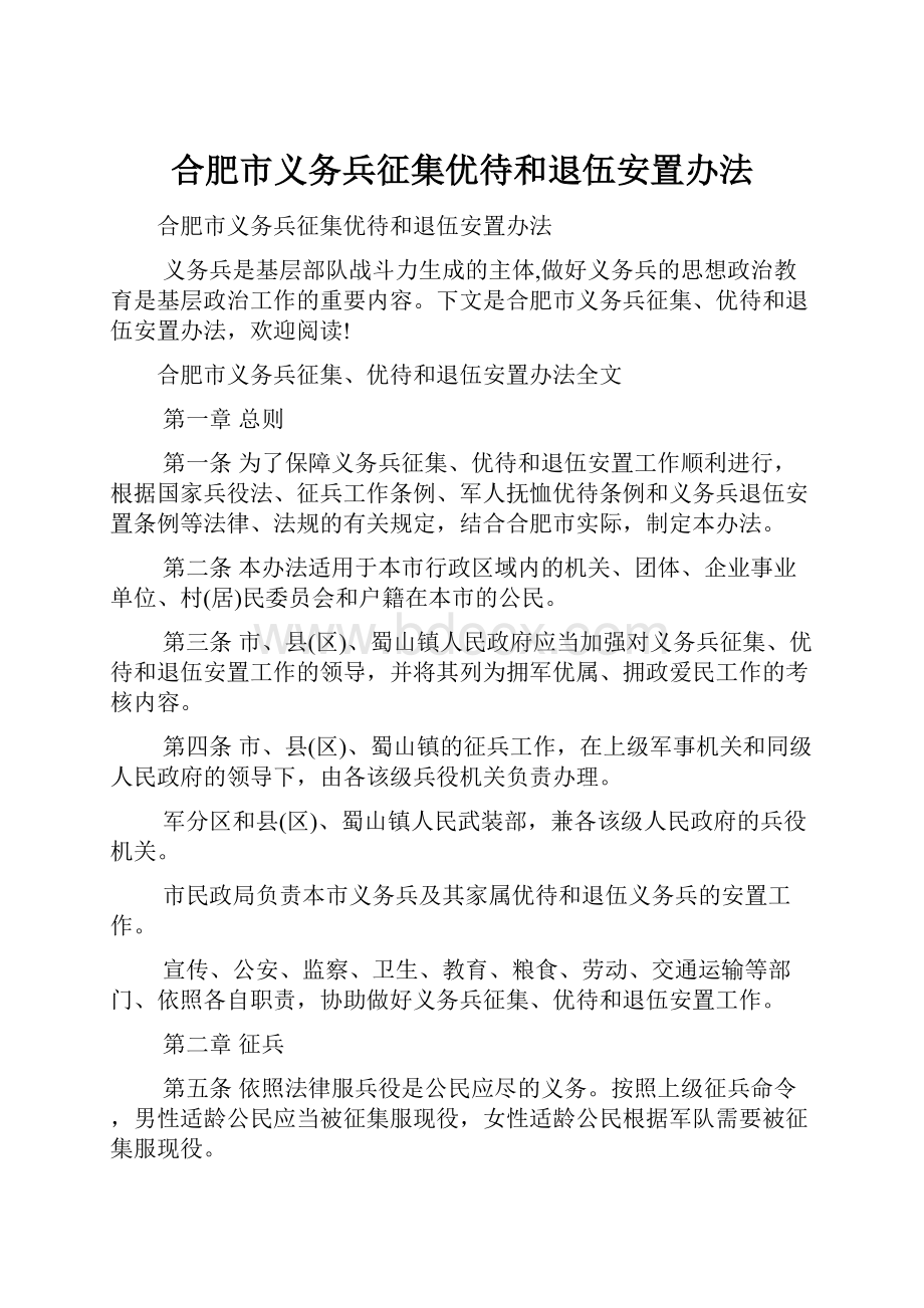 合肥市义务兵征集优待和退伍安置办法.docx_第1页