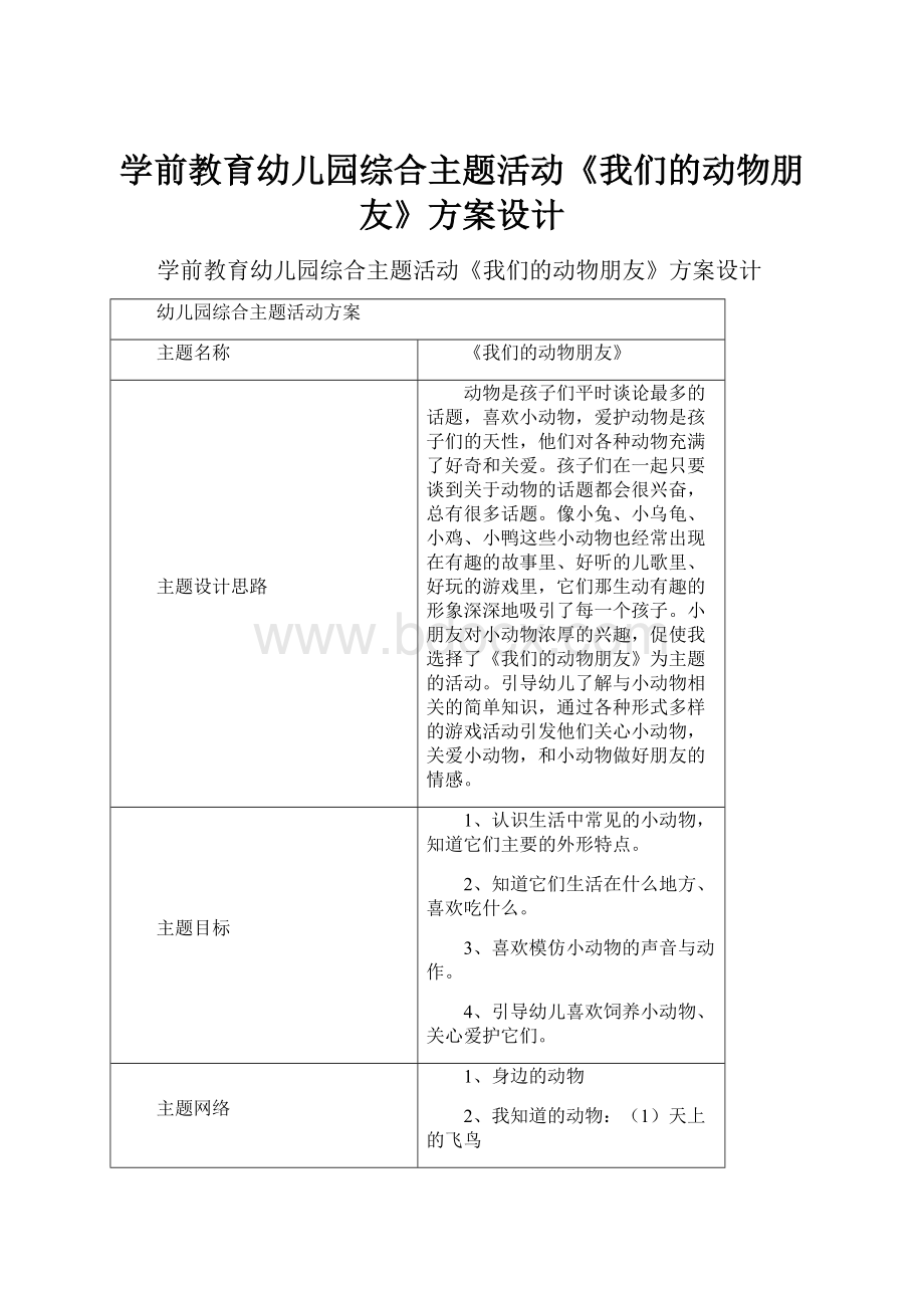 学前教育幼儿园综合主题活动《我们的动物朋友》方案设计.docx