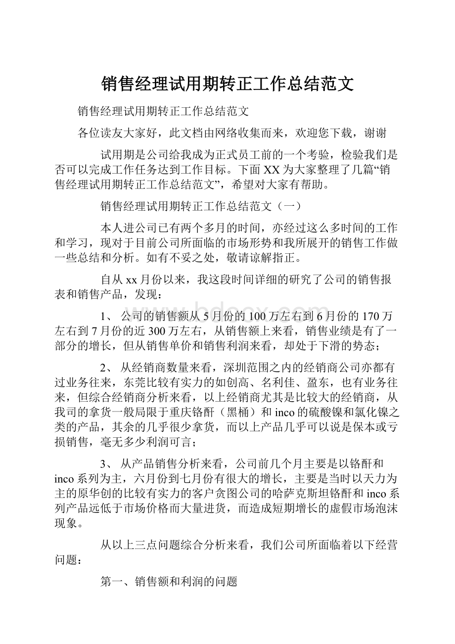 销售经理试用期转正工作总结范文.docx