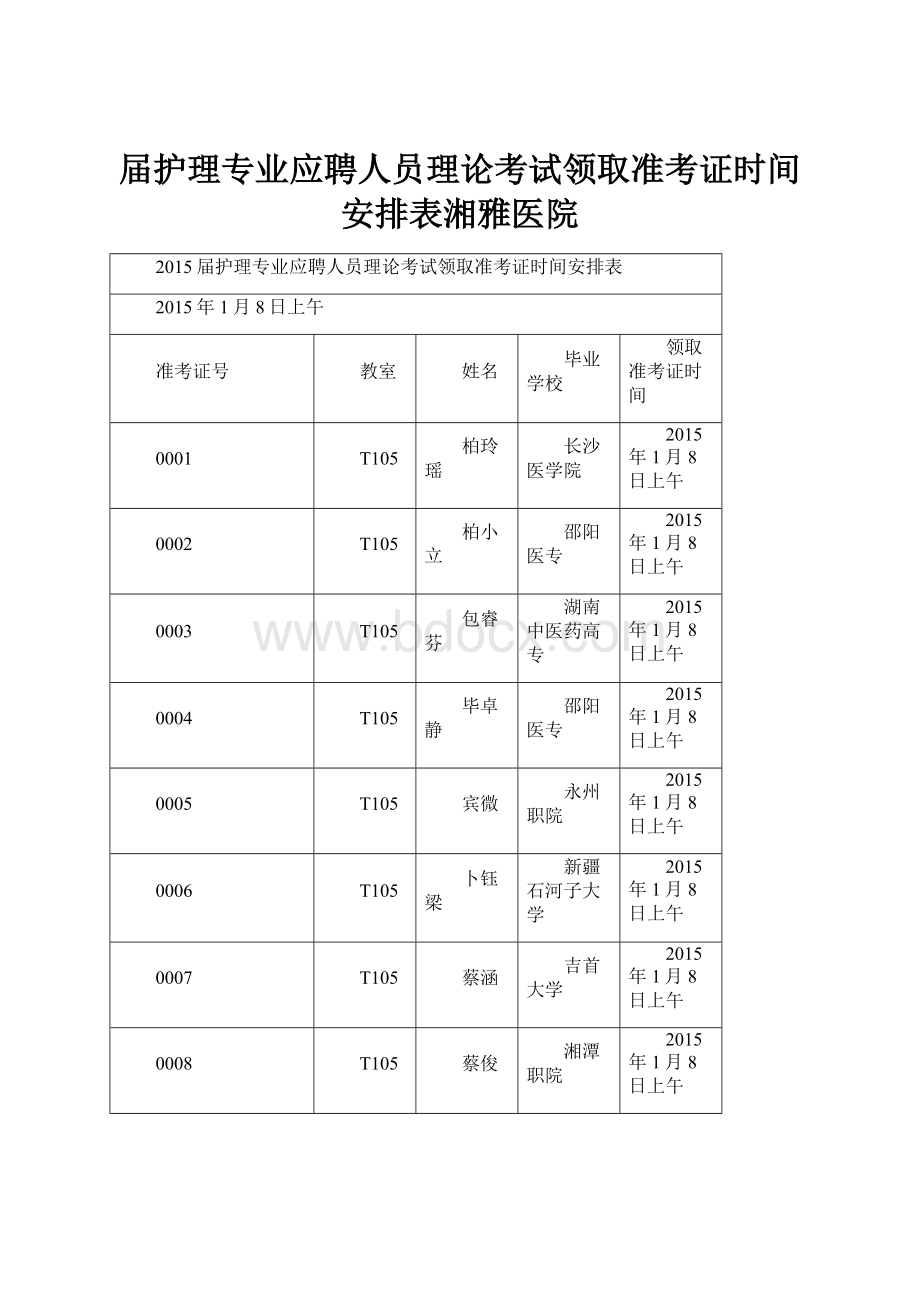 届护理专业应聘人员理论考试领取准考证时间安排表湘雅医院.docx