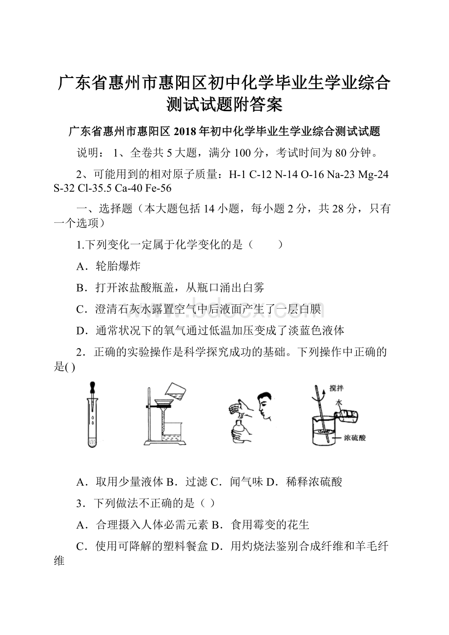 广东省惠州市惠阳区初中化学毕业生学业综合测试试题附答案.docx