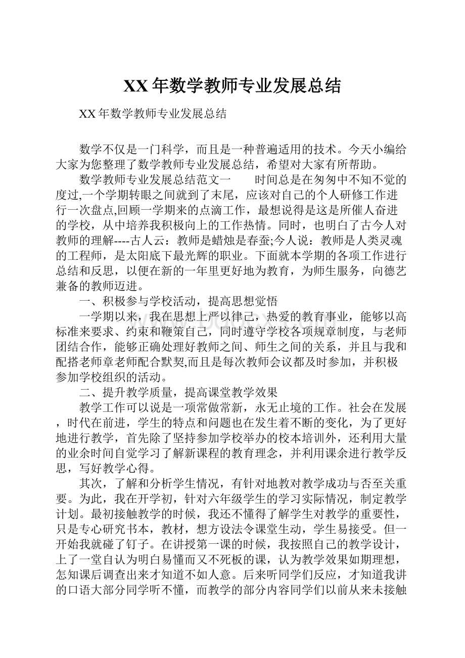 XX年数学教师专业发展总结.docx