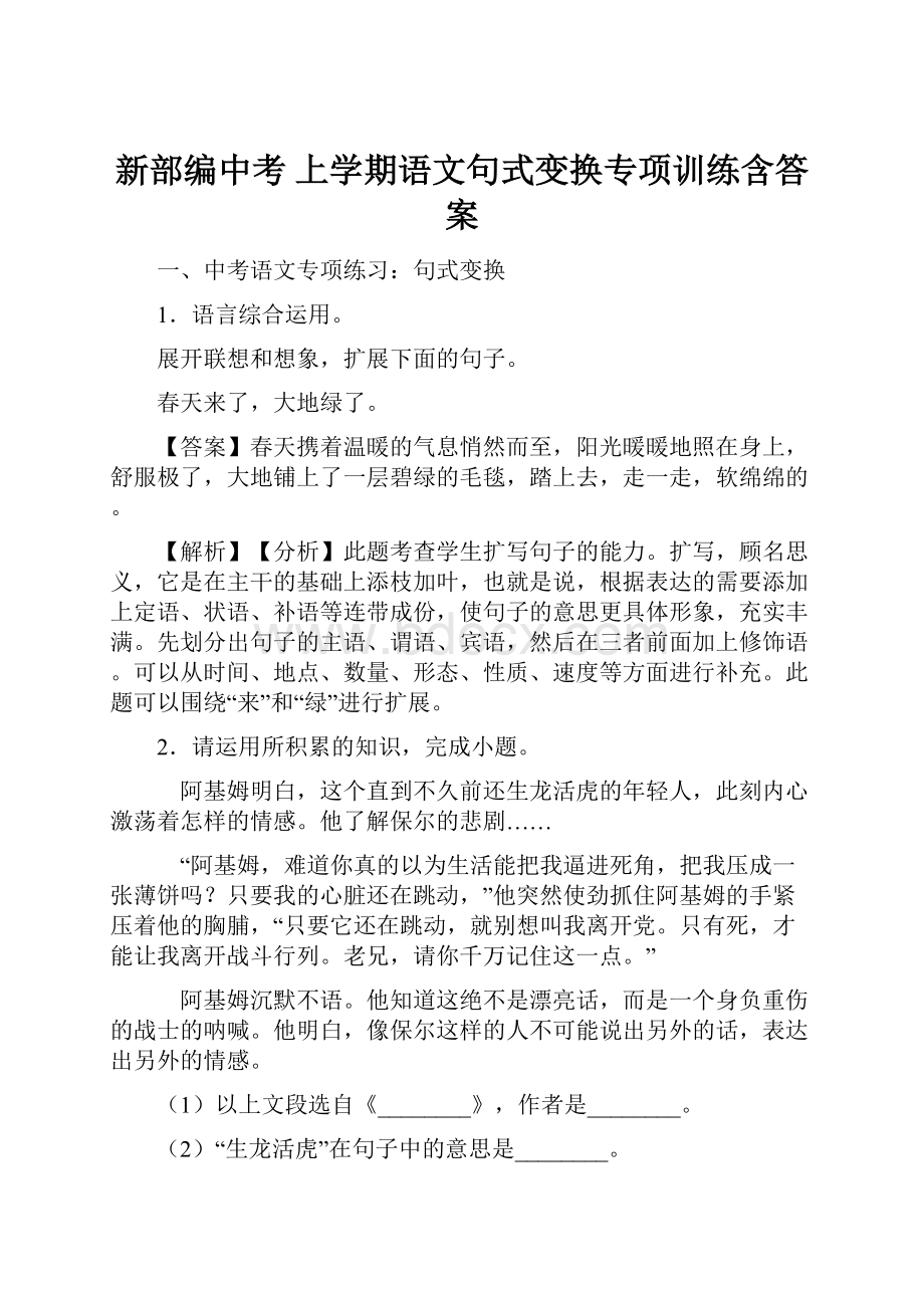 新部编中考 上学期语文句式变换专项训练含答案.docx_第1页